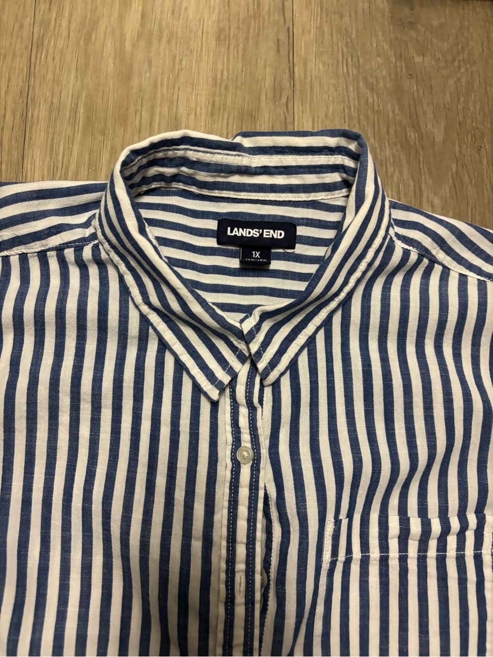 Lands' End Navy and White Vertical Stripe Men's Button-Down Shirt - Picture 3 of 5